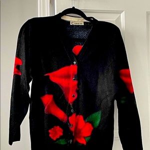 V-Neck Cardigan Front Buttons Floral Print